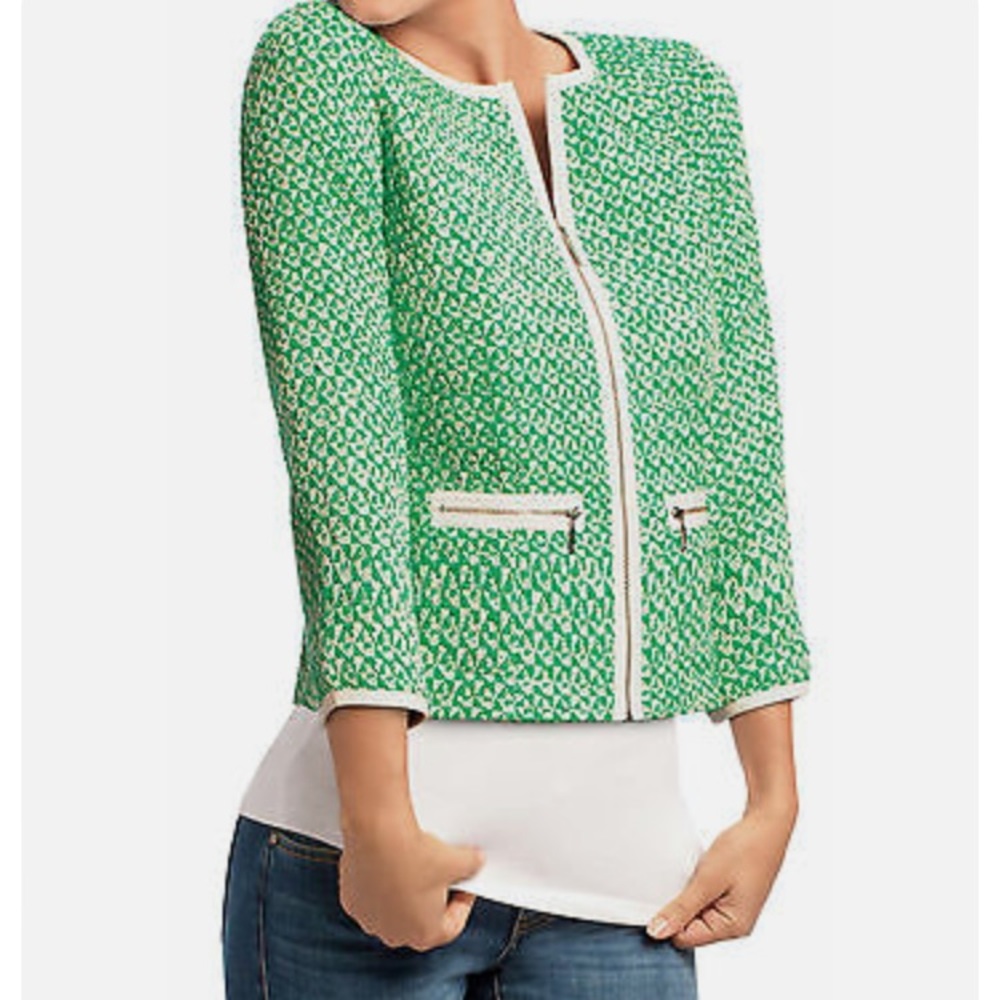 CAbi Clover Tweed Jacket - Green and white - Size 6